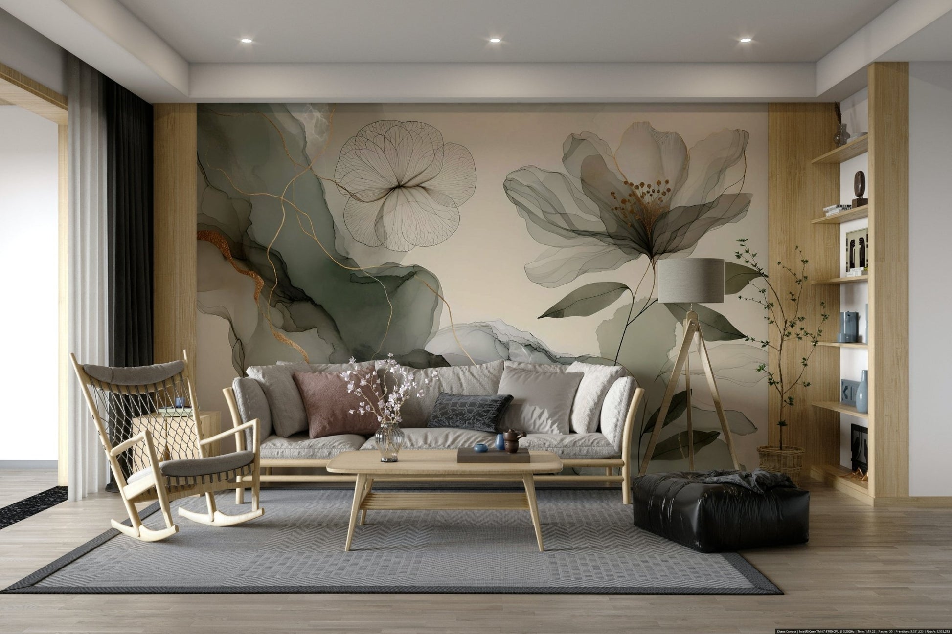 Soft sage green garden mural for bedroom walls

