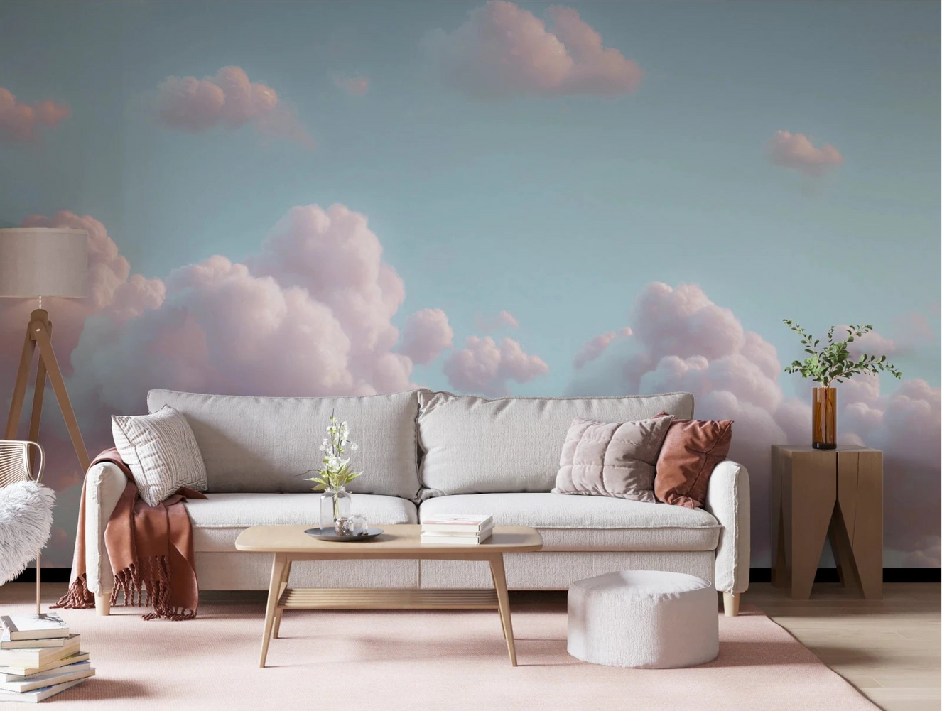Dreamy Skies Wall Mural fills this living room with soft clouds and open sky feel