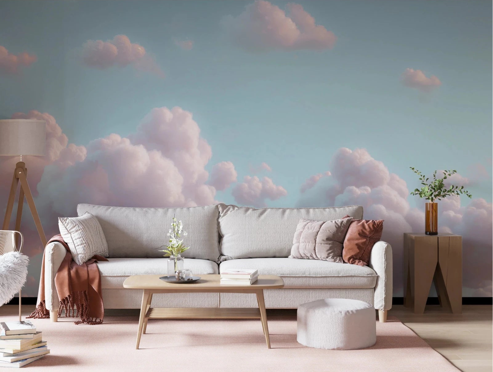 Dreamy Skies Wall Mural fills this living room with soft clouds and open sky feel, GD8347