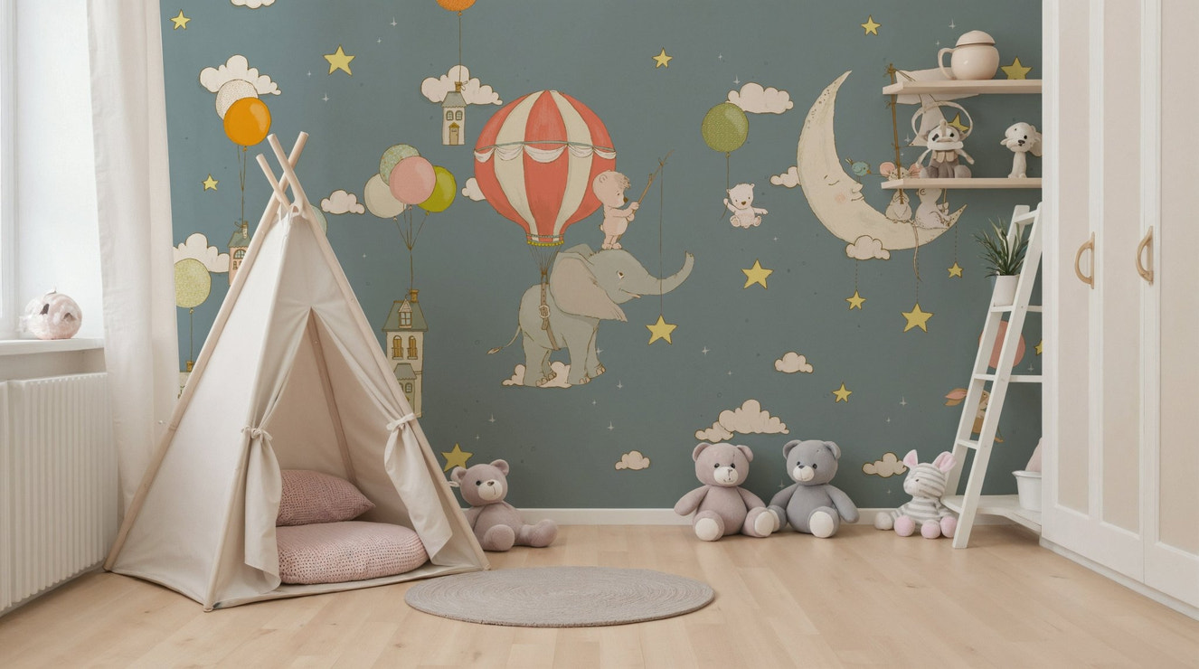 A beautiful whimsical sky wallpaper mural with friendly abstract shapes and stars.