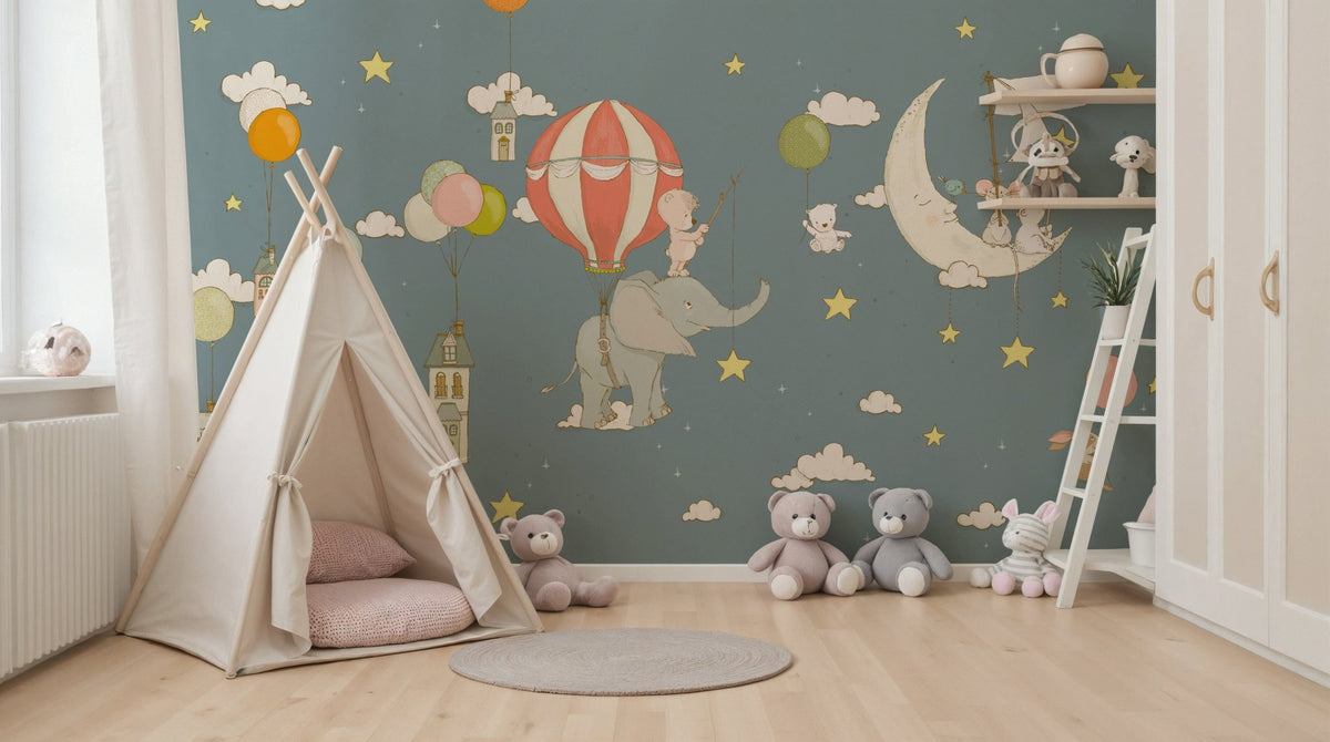 A beautiful whimsical sky wallpaper mural with friendly abstract shapes and stars., GD5729