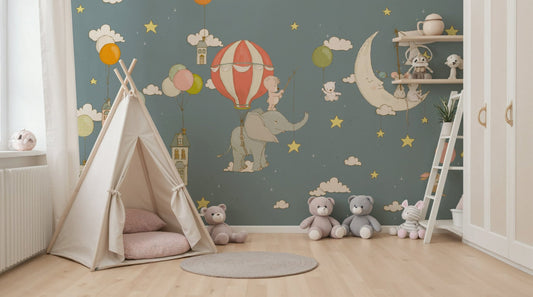 A beautiful whimsical sky wallpaper mural with friendly abstract shapes and stars.