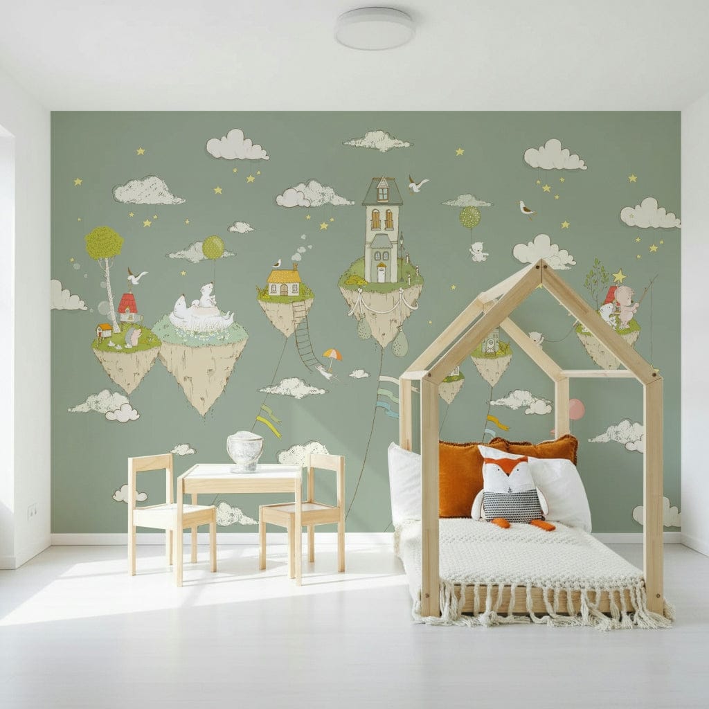 A beautiful whimsical sky wallpaper mural with floating islands and clouds., GD5730