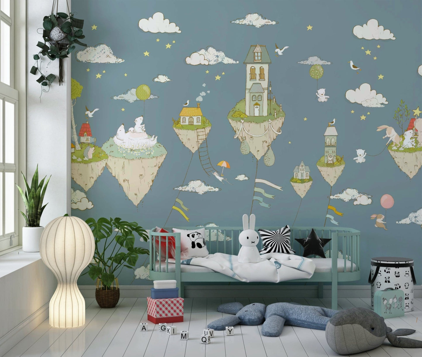A peaceful modern abstract mural on decorative wallpaper.