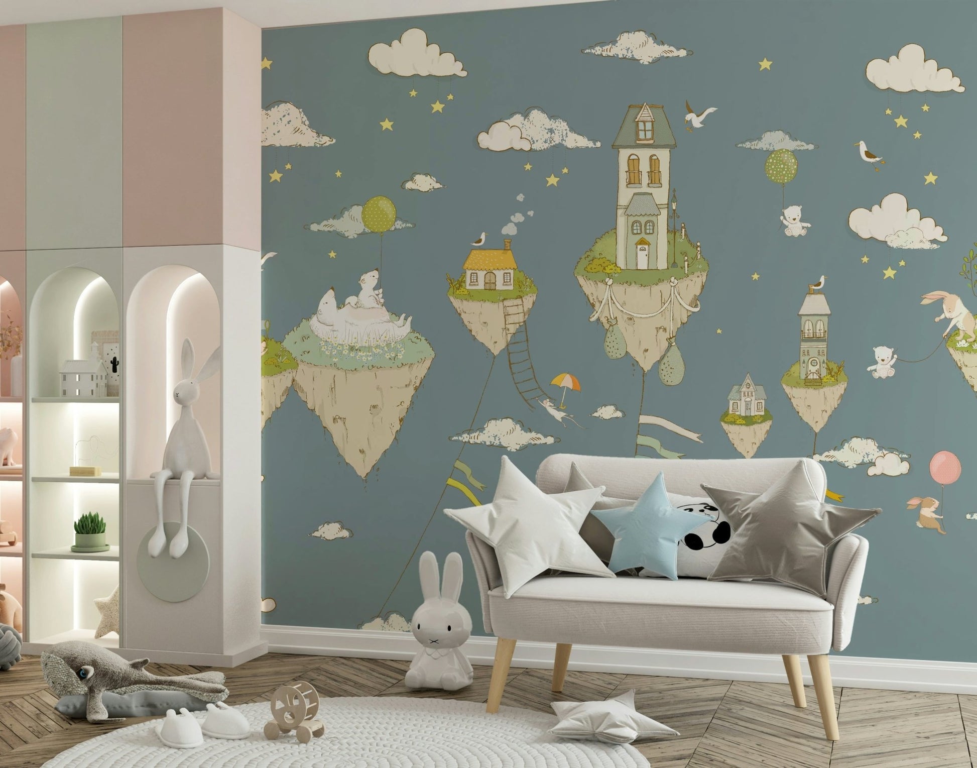 A calming abstract design wallpaper mural that defines a space.