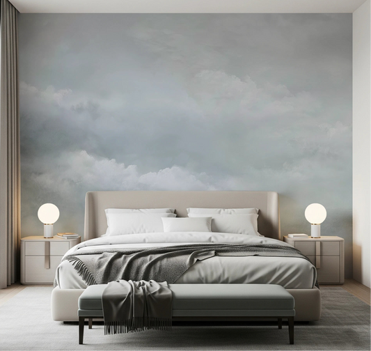 Serene bedroom with Dreamy Sky Soft Dreams Wall Mural in watercolor tones