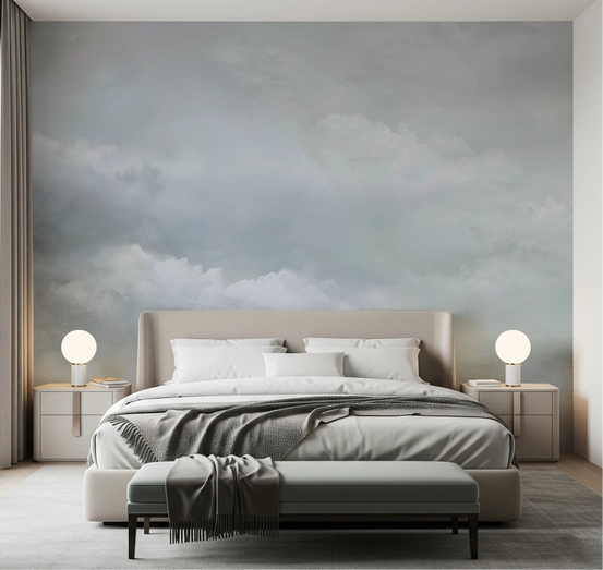 Serene bedroom with Dreamy Sky Soft Dreams Wall Mural in watercolor tones, GD8666