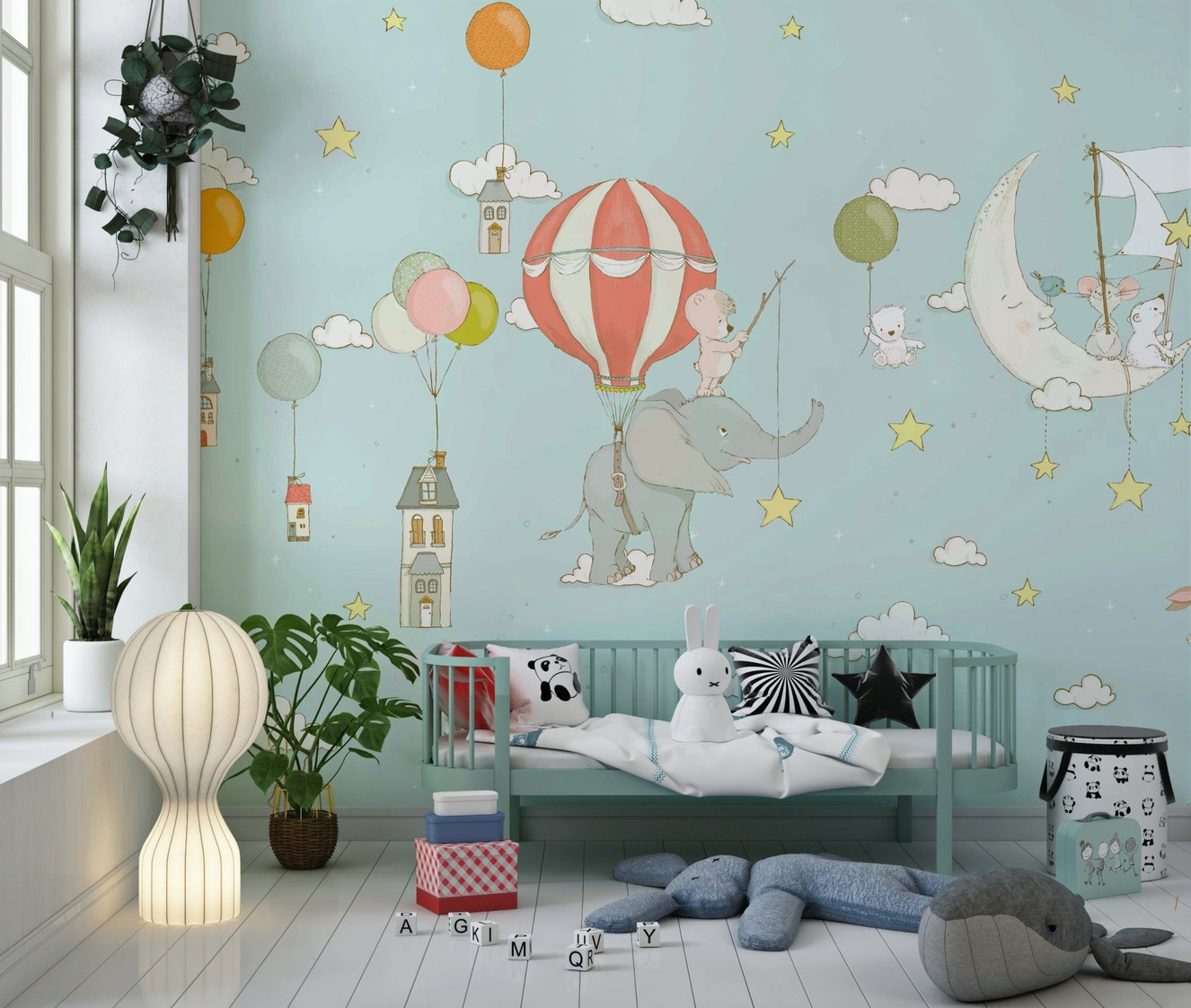 A beautiful whimsical sky wallpaper mural with subtle, imaginative elements.