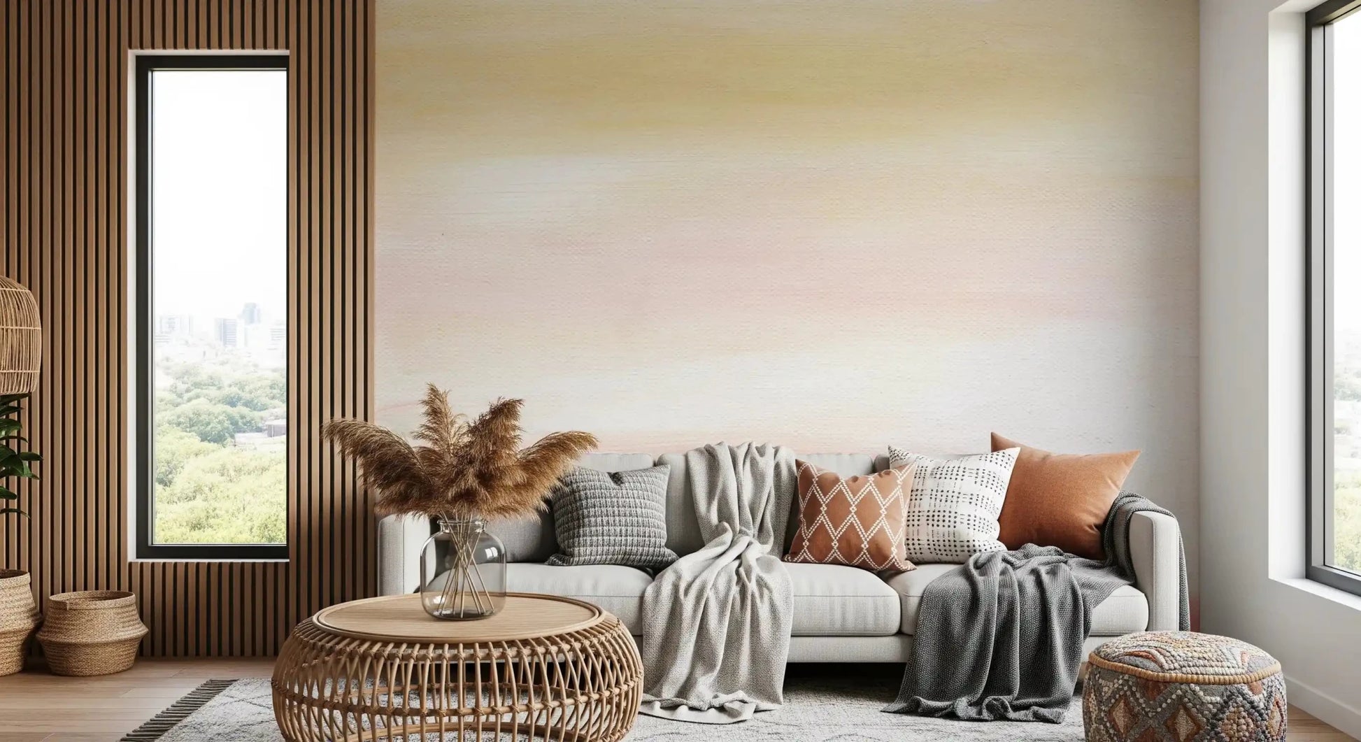 Dreamy sky Wall Mural pattern featured within a modern Living room backdrop is quite distinct.