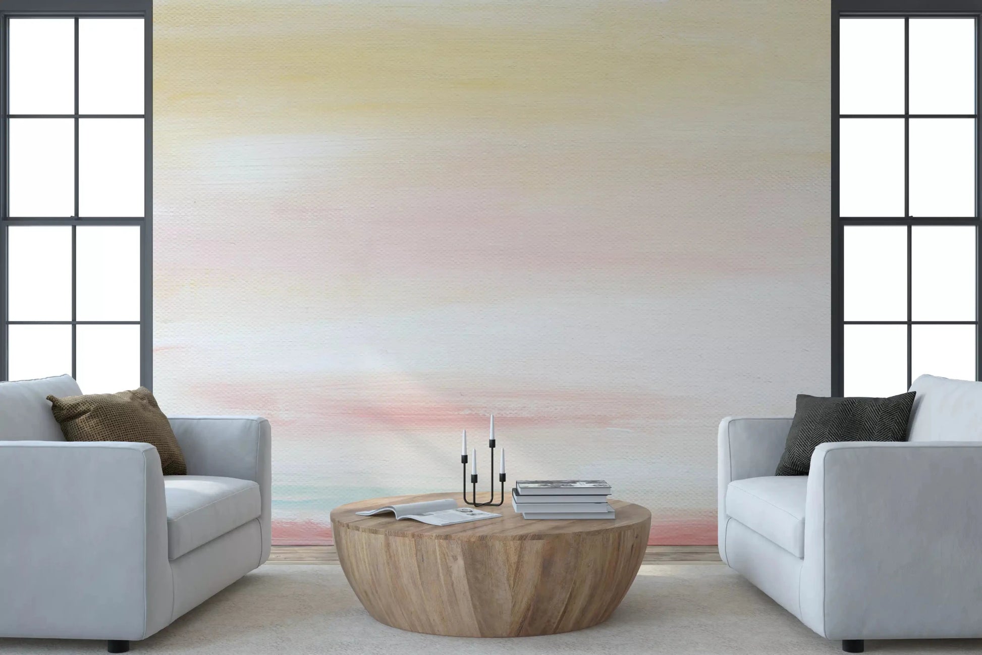 Soft watercolor strokes from dreamy sky Wall Mural flow into this bright dining space .