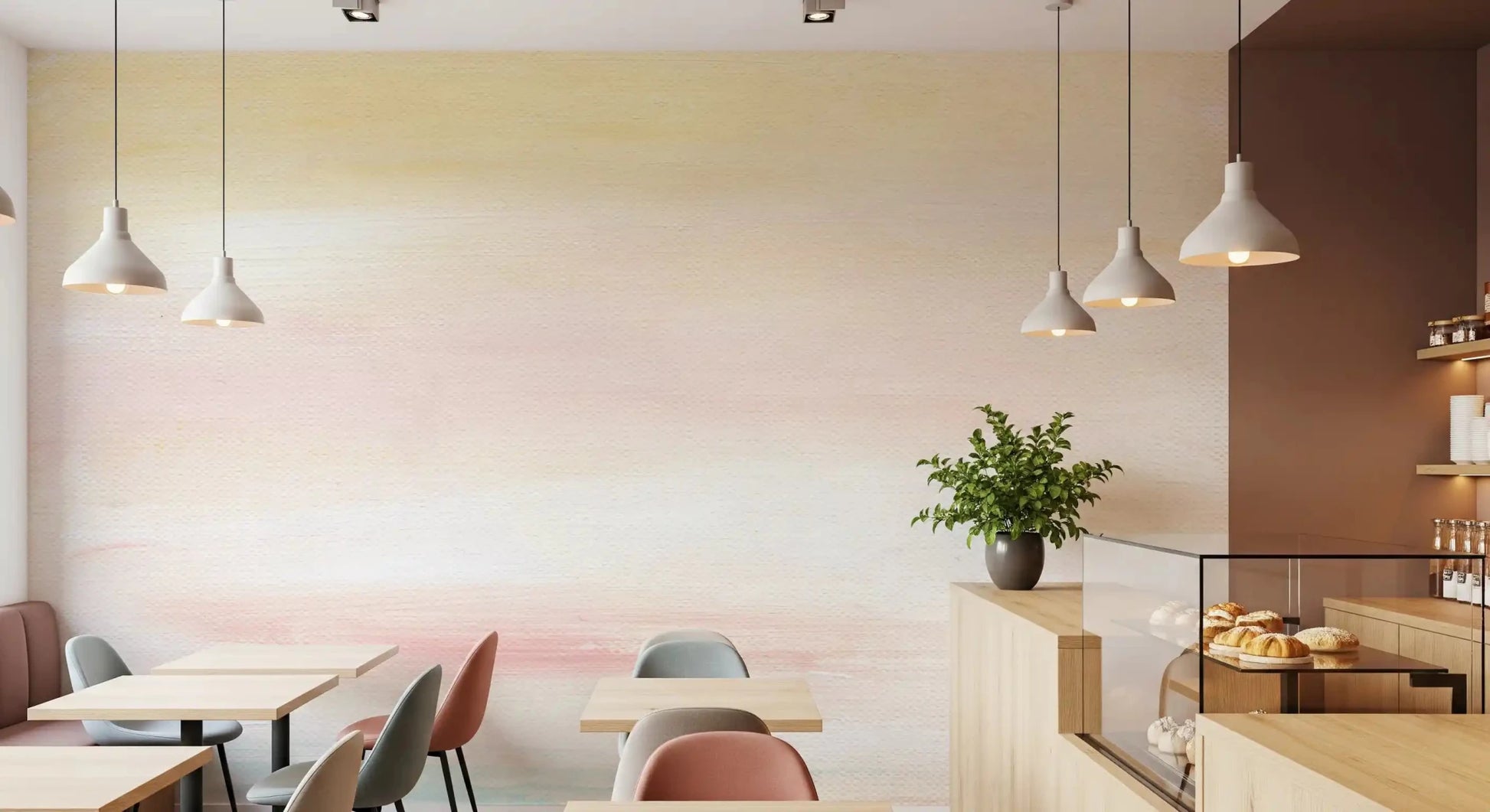 The dreamy sky Wall Mural illustrates a complete and airy watercolor sunrise palette visual.