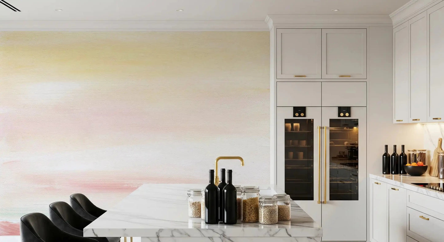 Dreamy sky Wall Mural offers a tranquil painterly sky backdrop on this peaceful Kitchen area.