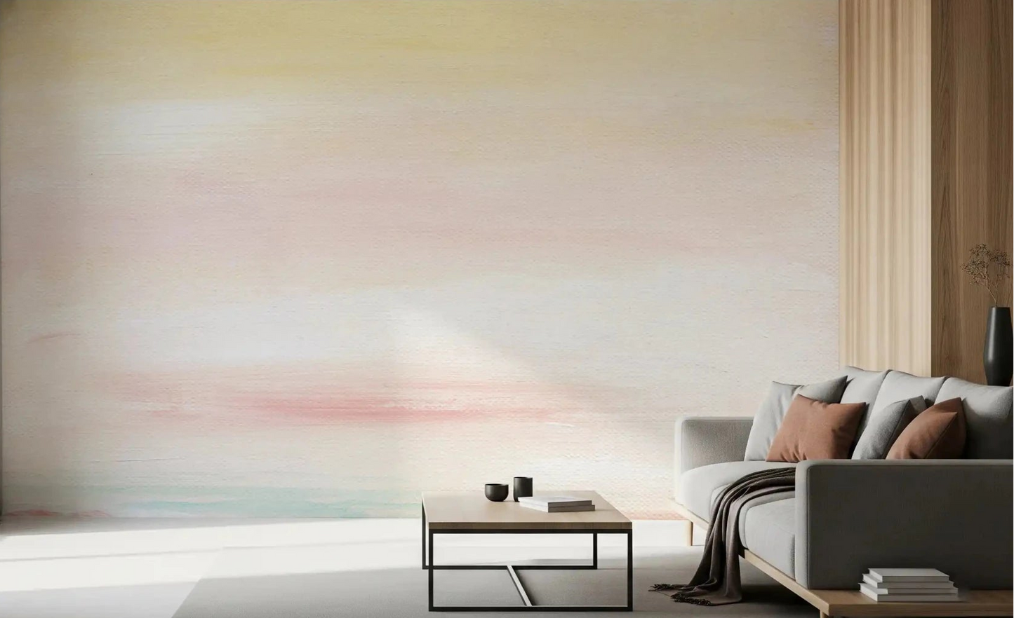 dreamy sky Wall Mural adds a soft wash of sun kissed yellow on a large living room.