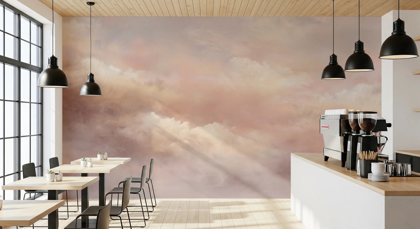 Modern Café featuring Dreamy Sky Warm Sunset Wall Mural in warm sky shades