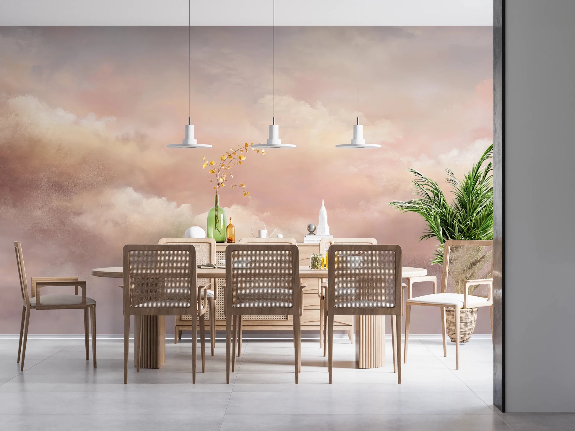 Dreamy Sky Warm Sunset Wall Mural adds a calm glow to this dining space