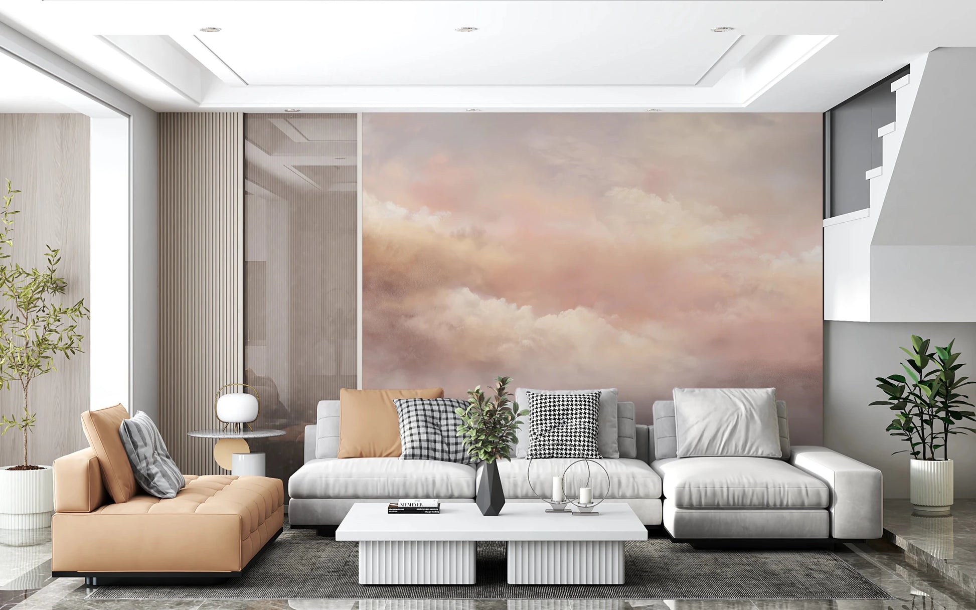 Cozy living area using Dreamy Sky Warm Sunset Wall Mural as a feature backdrop