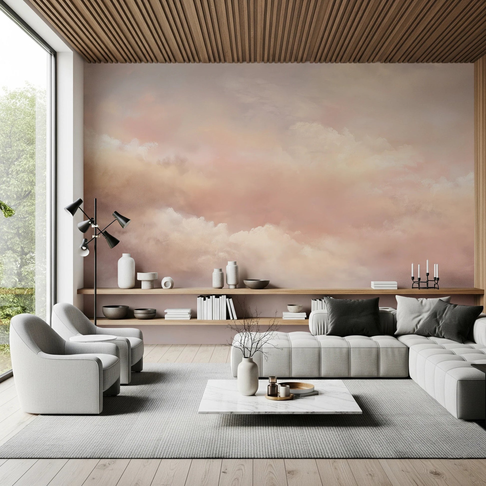 Contemporary lounge with Dreamy Sky Warm Sunset Wall Mural backdrop
