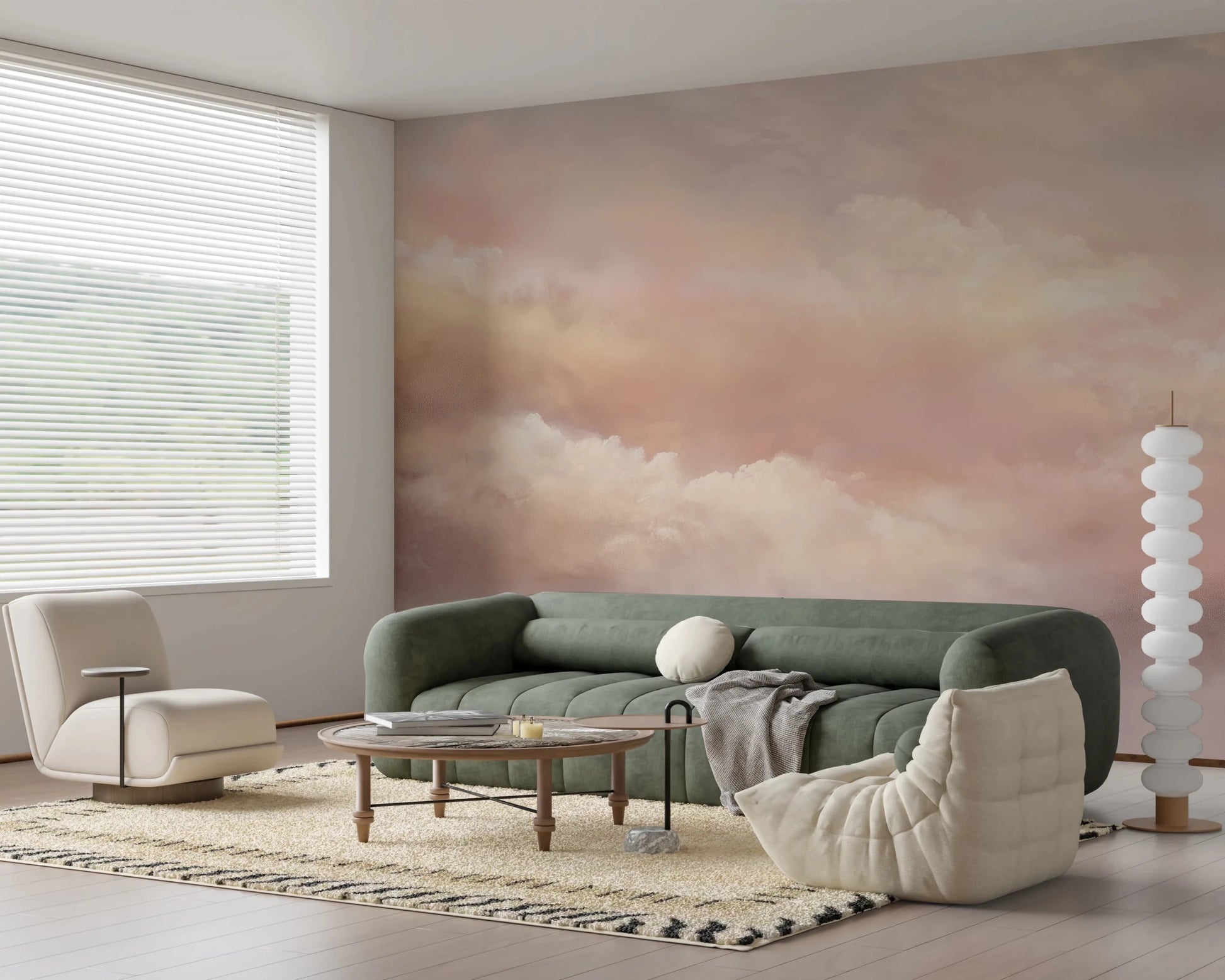 Soft cloud hues lift this living room with Dreamy Sky Warm Sunset Wall Mural