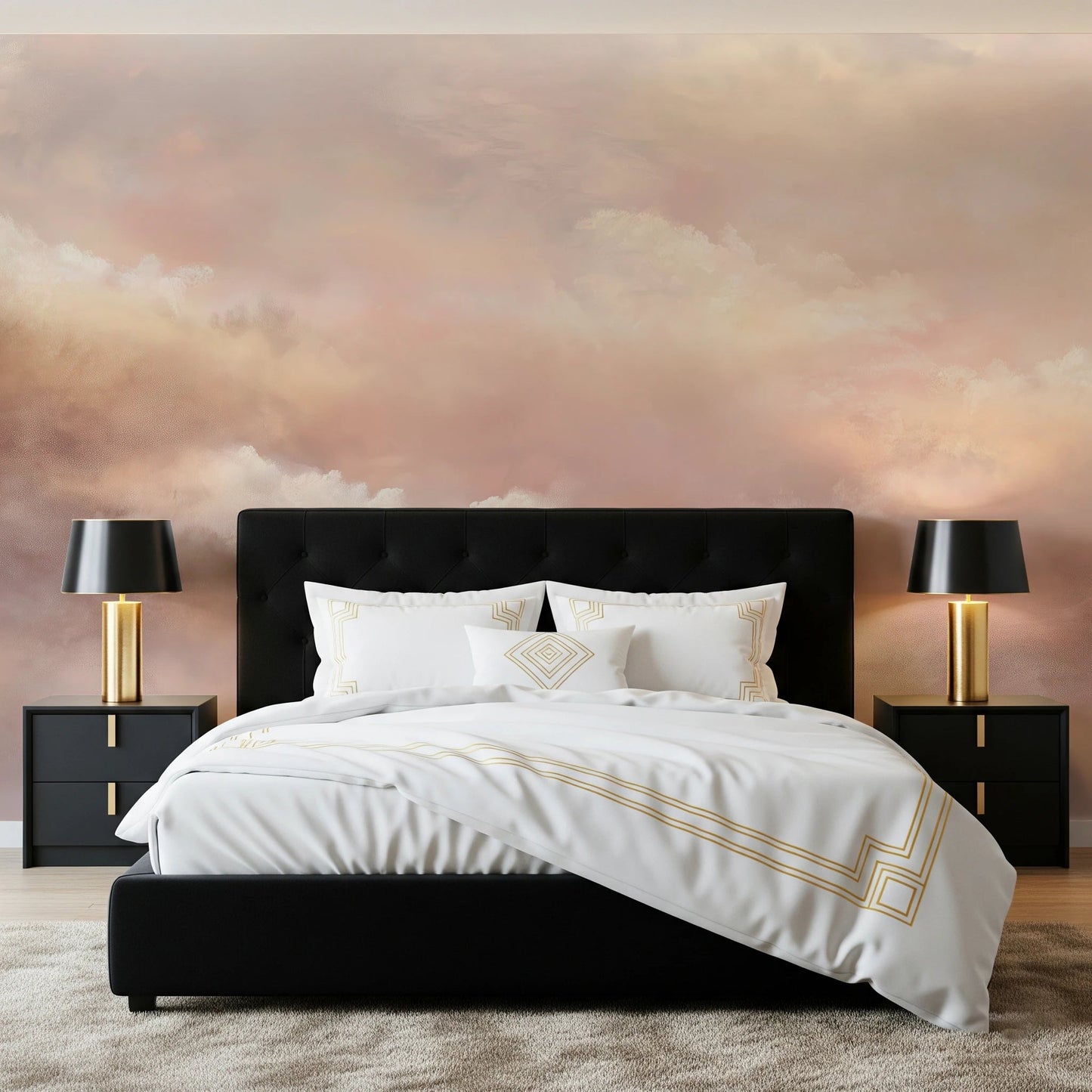 Bedroom framed by Dreamy Sky Warm Sunset Wall Mural in pastel sunset tones