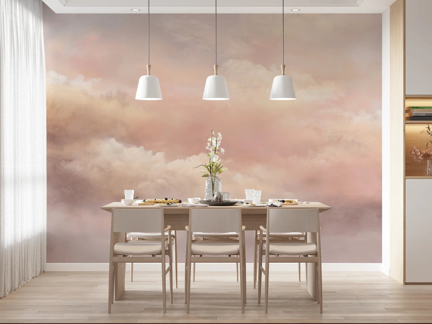 Dining room styled with Dreamy Sky Warm Sunset Wall Mural in blush cloud tones