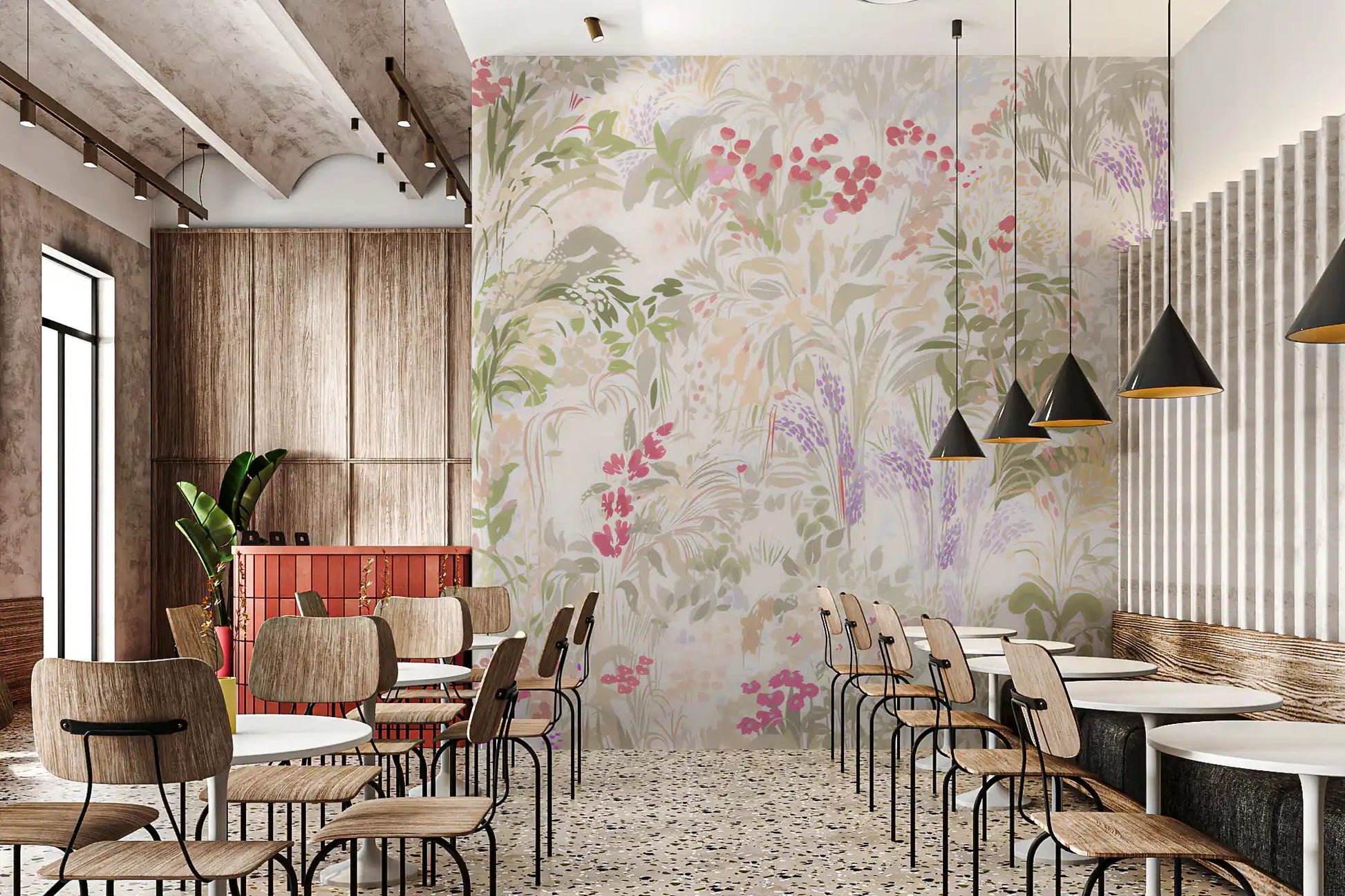 Kitchen-dining feels light beside the soft wildflower romance wall muralGD9500