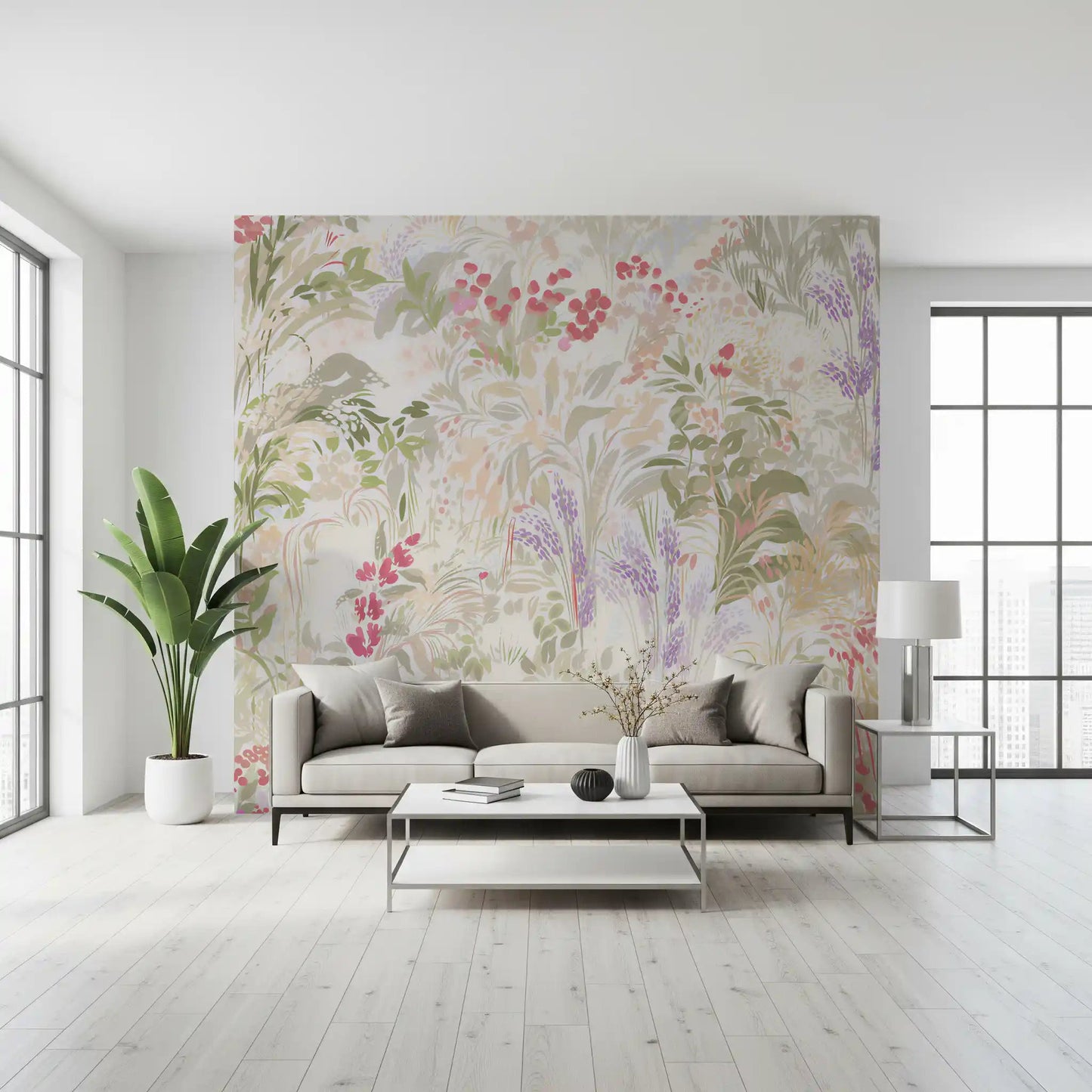 Family room glows under the dreamy pastel meadow wall mural top to bottom
GD9500
