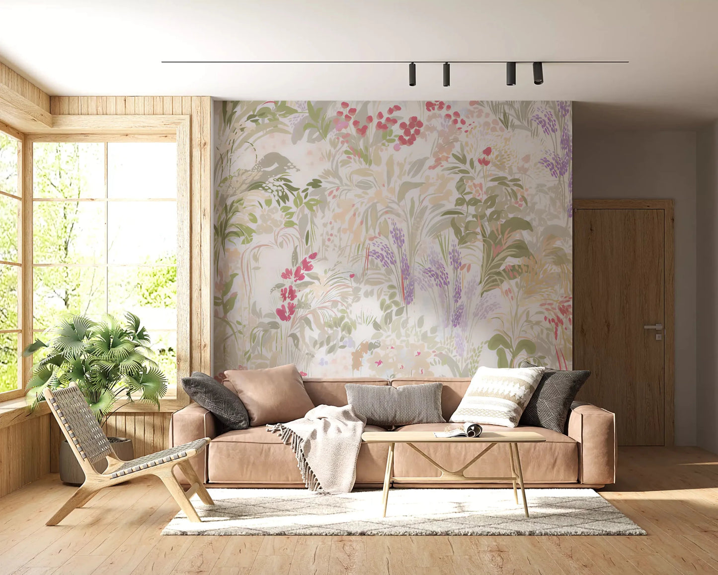 Soft living room mood from the wildflower meadow wall mural at full scaleGD9500