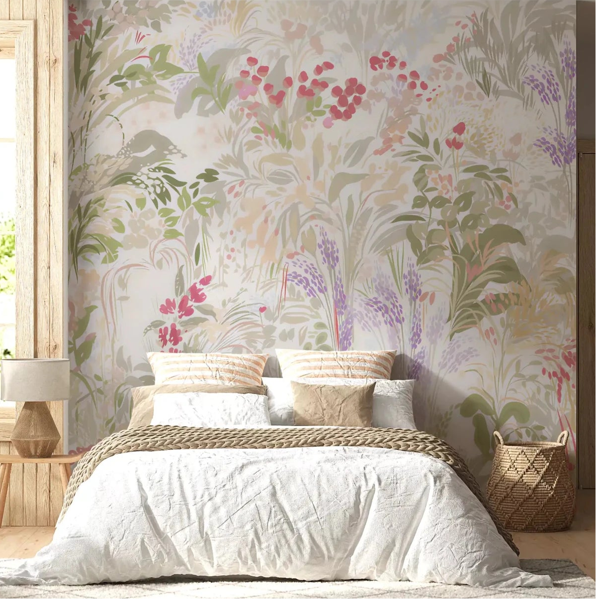 Calm bedroom wears the Dreamy Wildflower Meadow wall mural across one GD9500