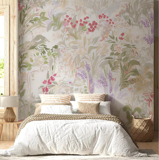 Calm bedroom wears the Dreamy Wildflower Meadow wall mural across one GD9500