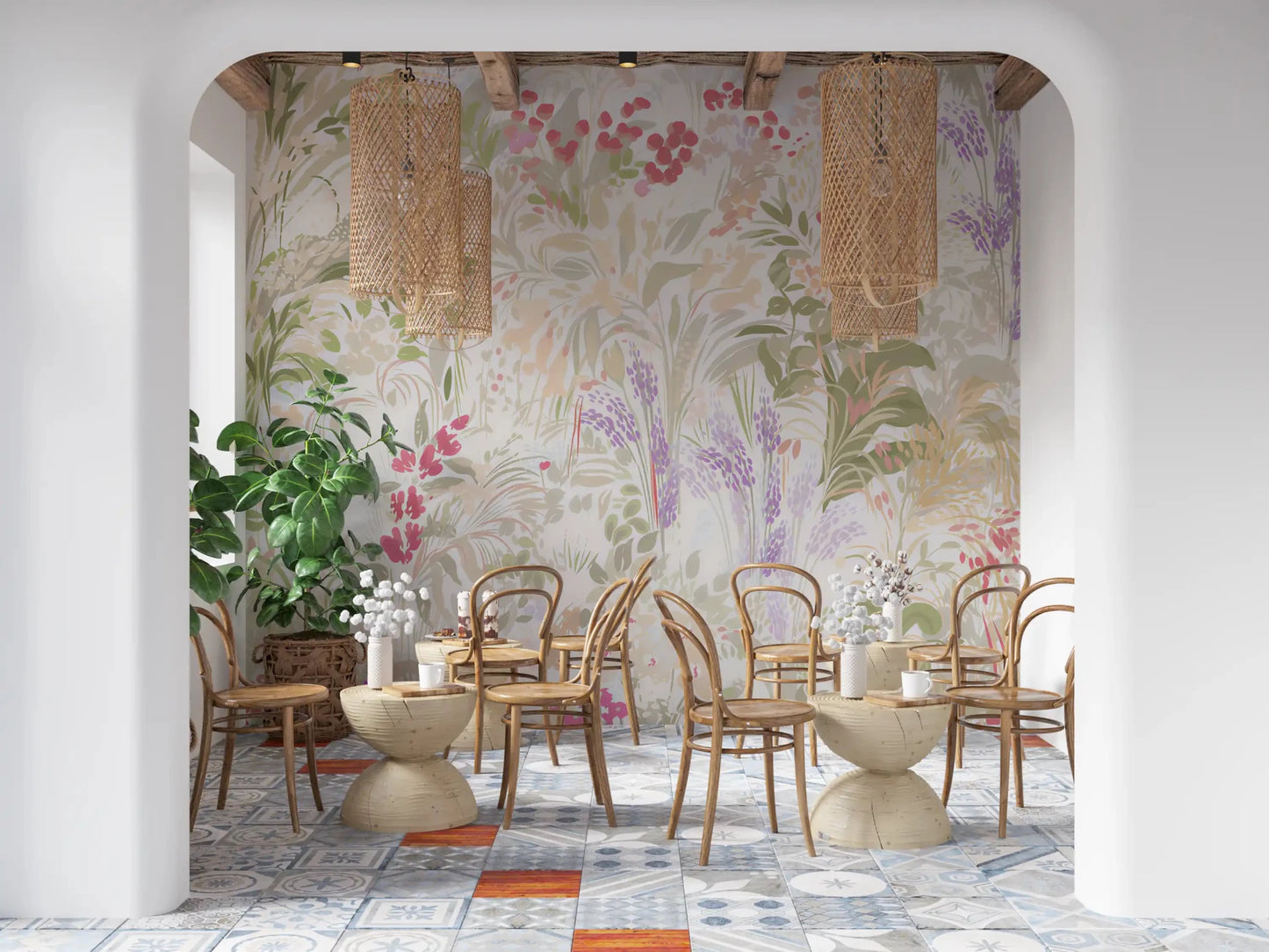 Dining area carries pink berries and lavender stalks on this wall mural
GD9500