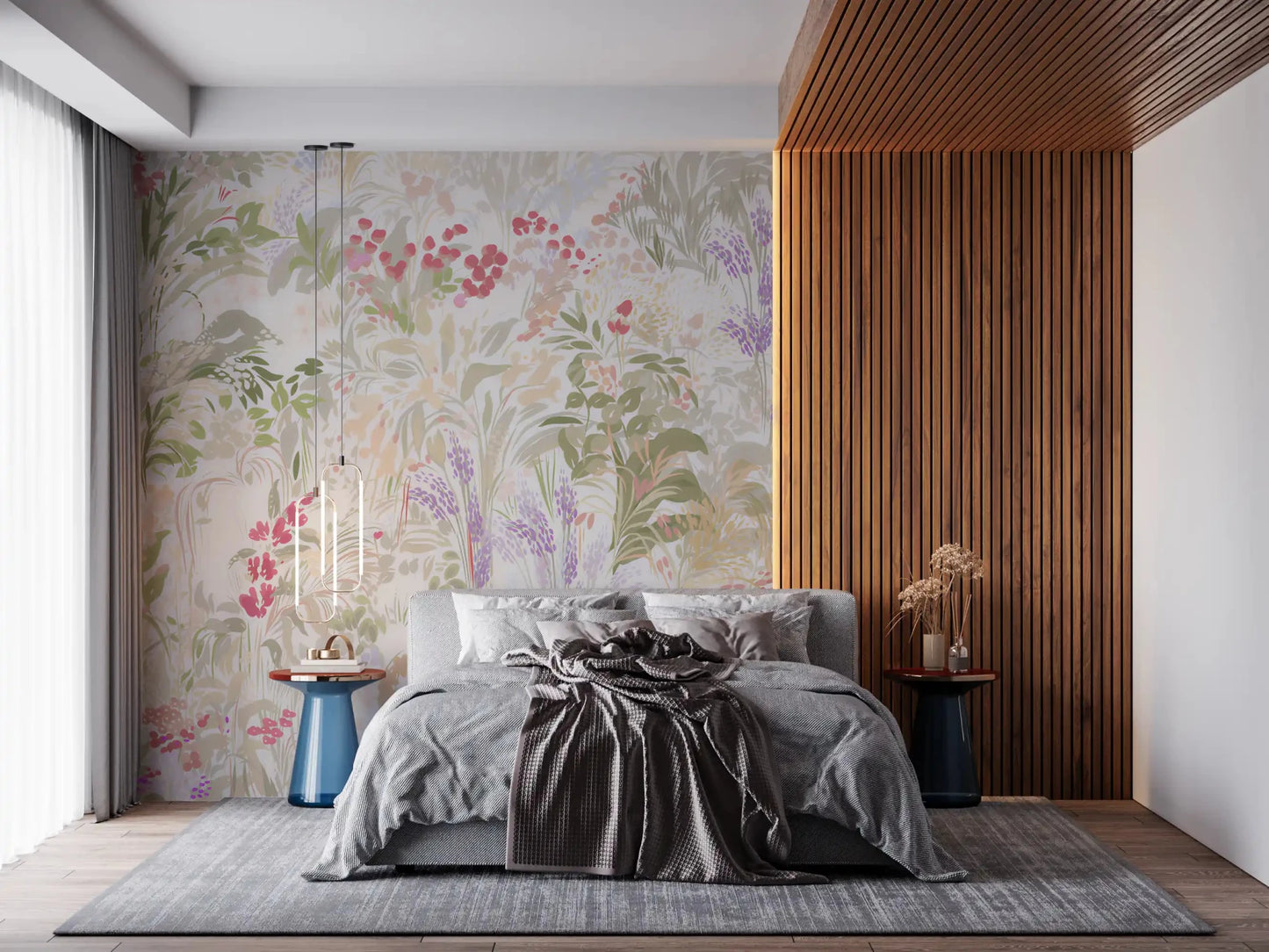 Soft green grasses rise upward through the Dreamy Wildflower Meadow wall muralGD9500