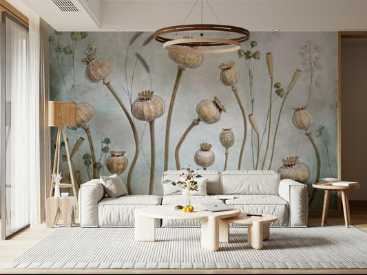 A beautiful subtle seed pod wallpaper mural for a modern home.

