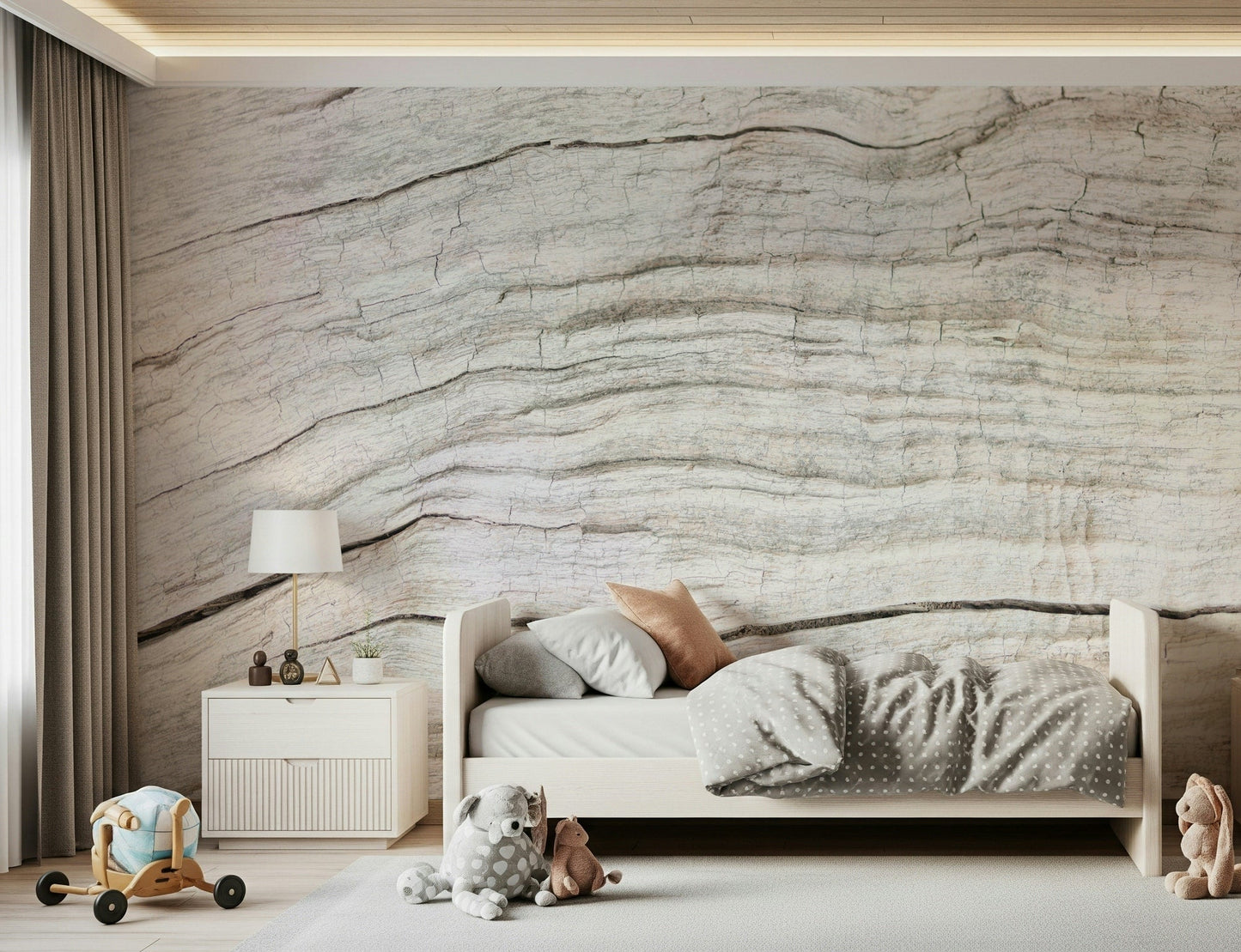 Simple application of peel and stick wallpaper Driftwood Texture.