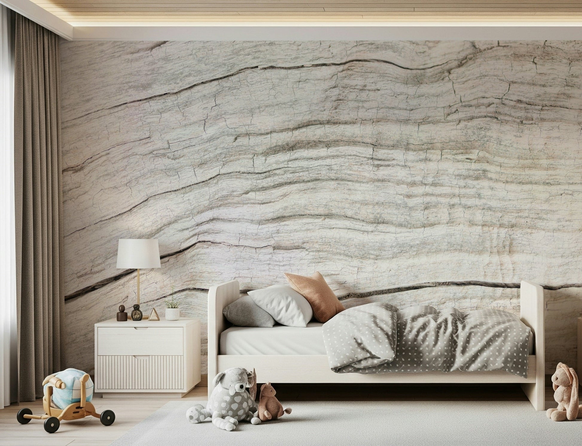 Simple application of peel and stick wallpaper Driftwood Texture.