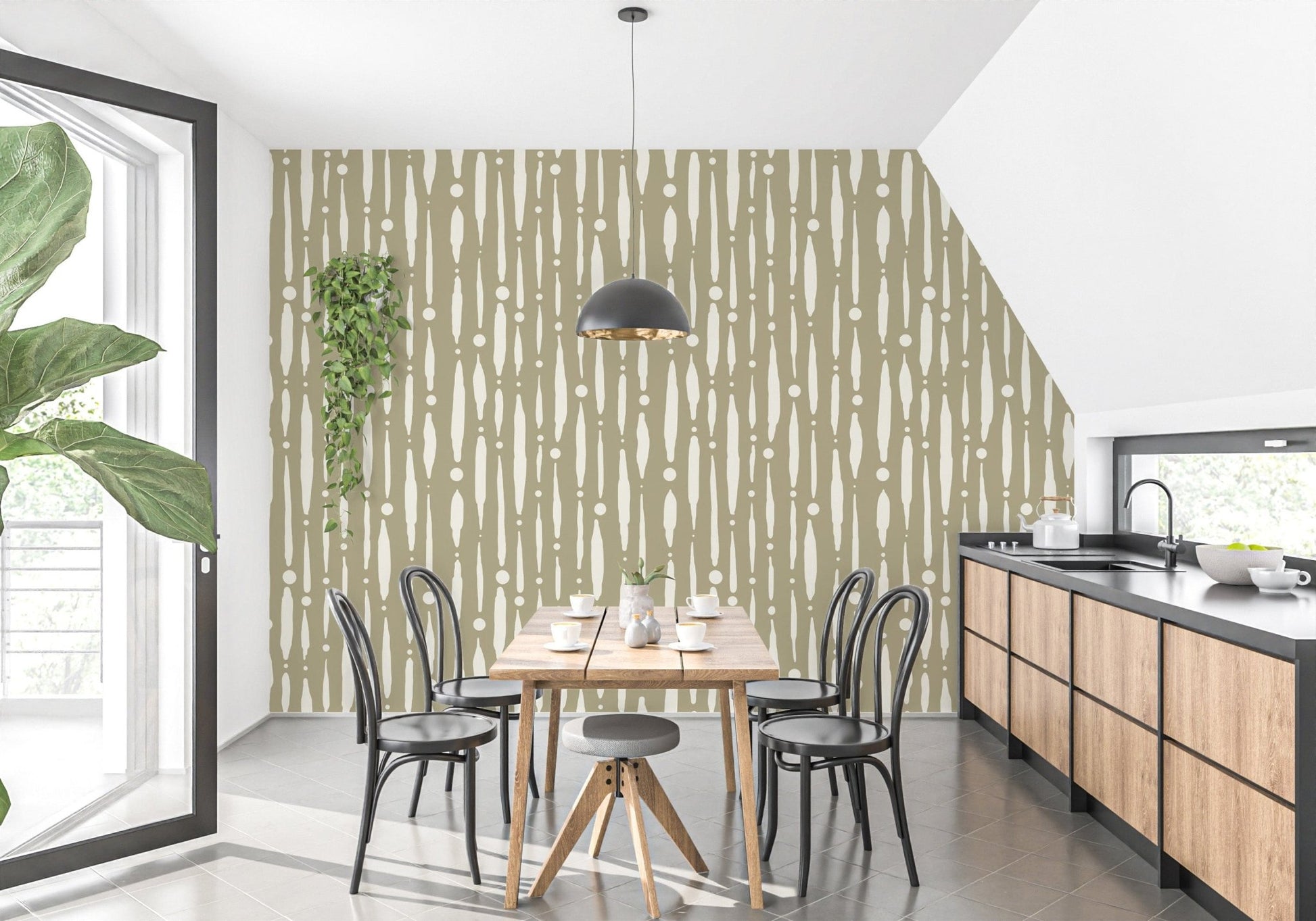 Sage green wallpaper with abstract dripping lines AN52
