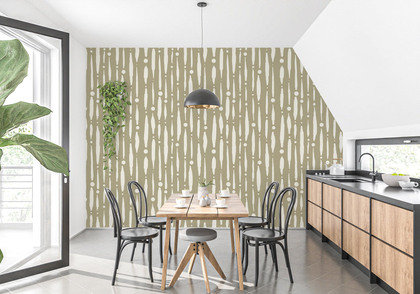 Sage green wallpaper with abstract dripping lines
