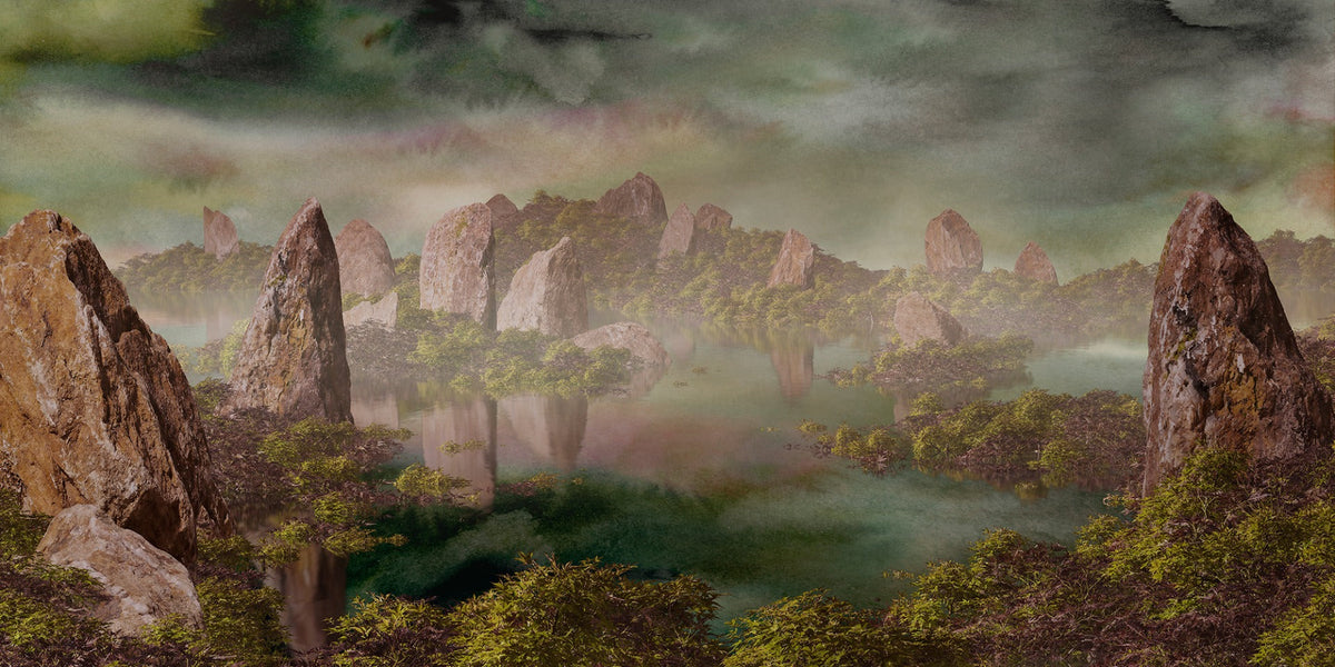mystical yellow Chinese landscape mural