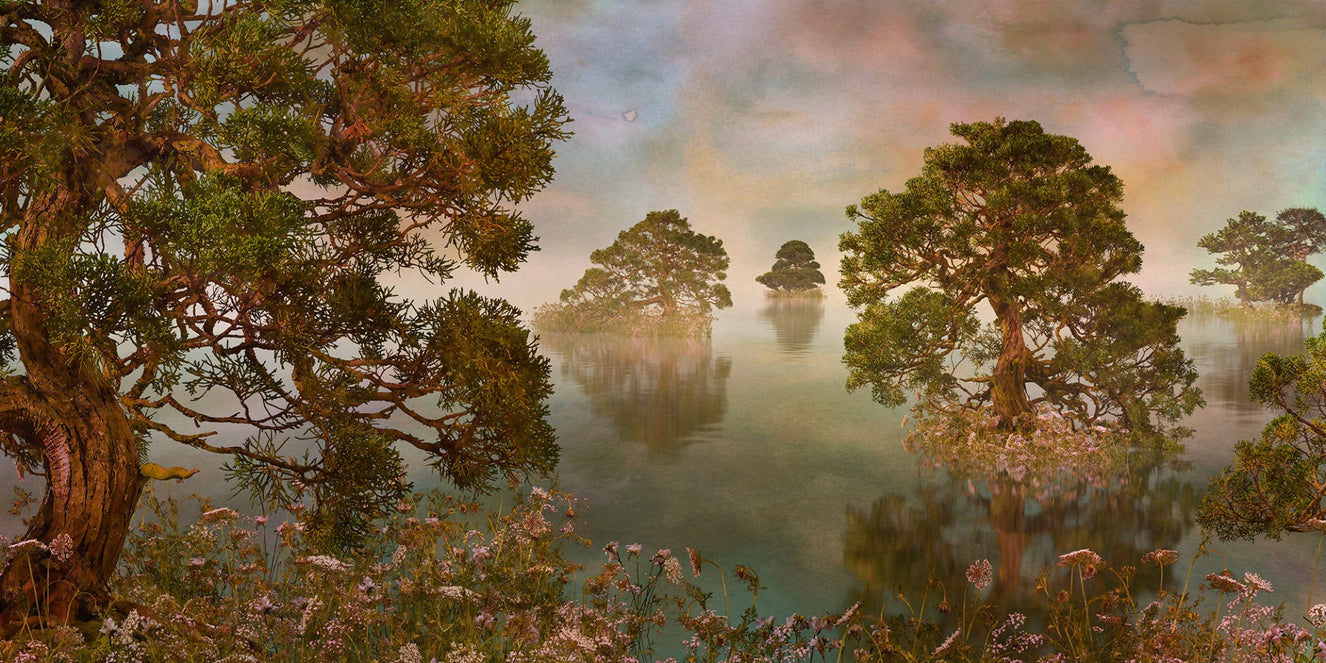 Serenity Lake Watercolor Sunset Wall Art