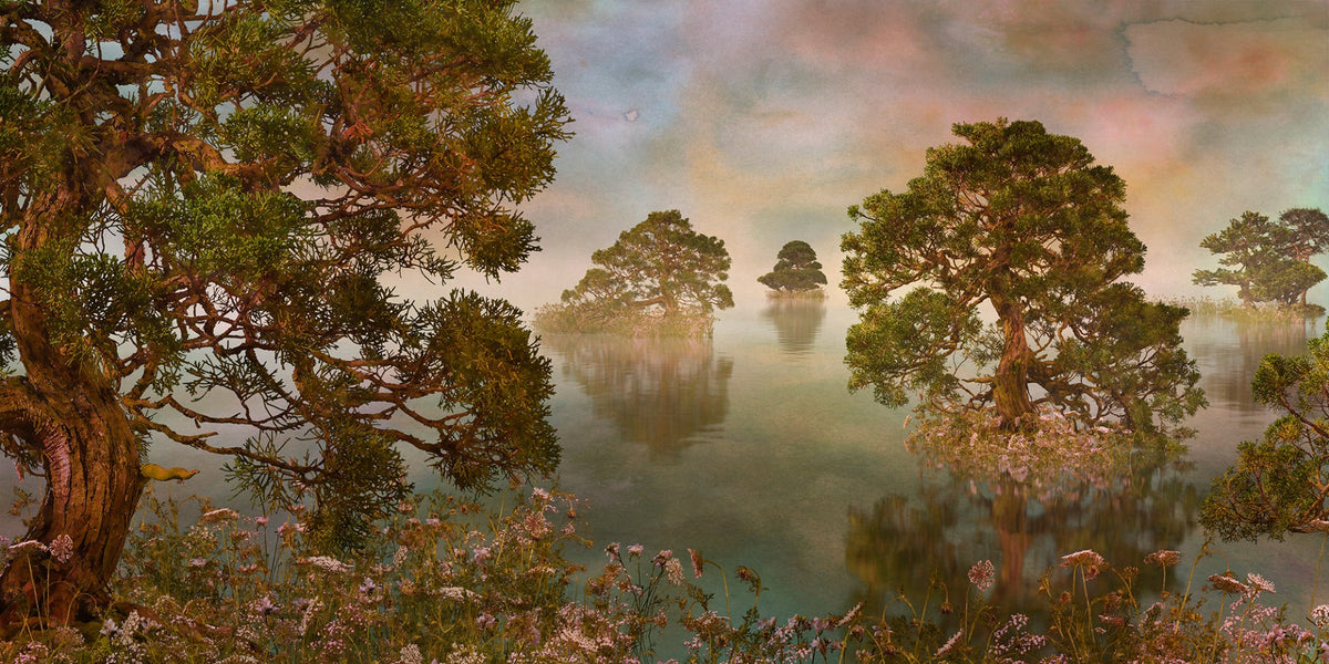 Serenity Lake Watercolor Sunset Wall Art in your room — zoomed