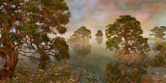 Serenity Lake Watercolor Sunset Wall Art