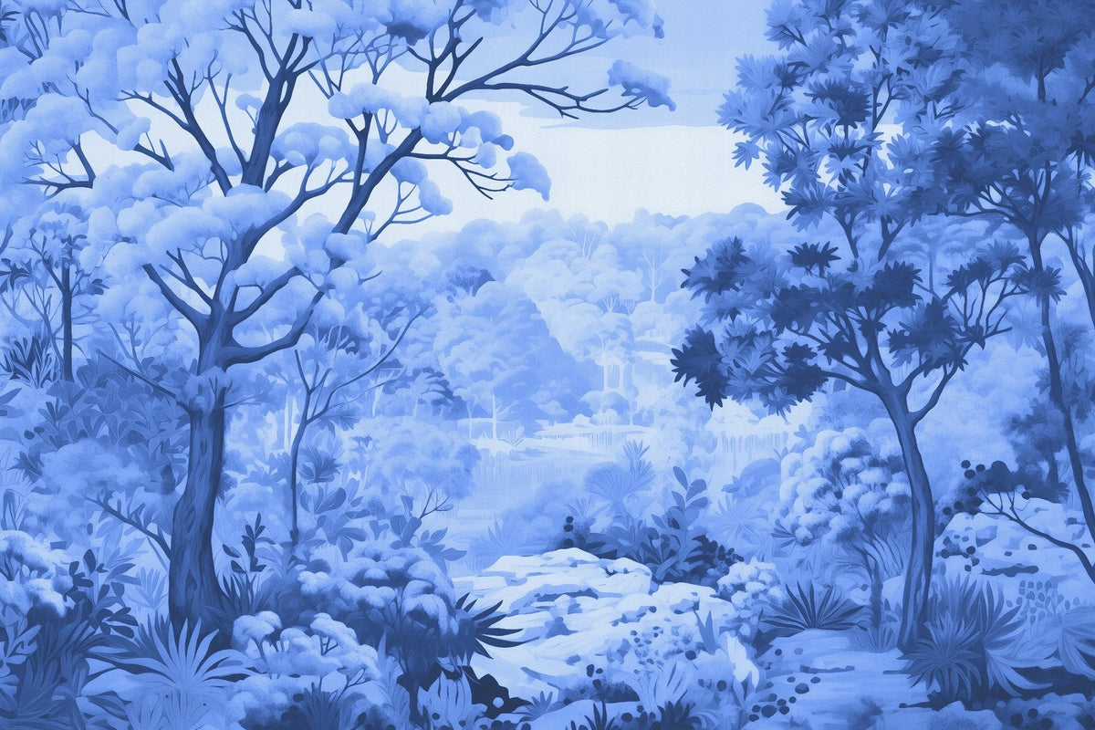Blue Haze Watercolor Forest Mural in your room — zoomed