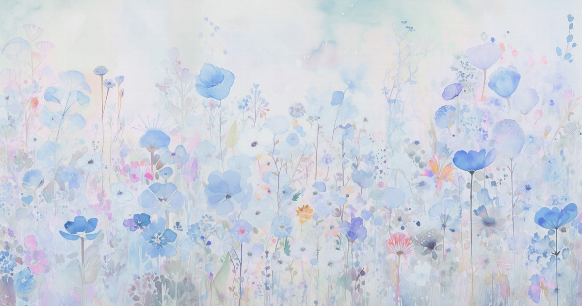 Watercolor Happy Flowers Blue Wallpaper in your room — zoomed