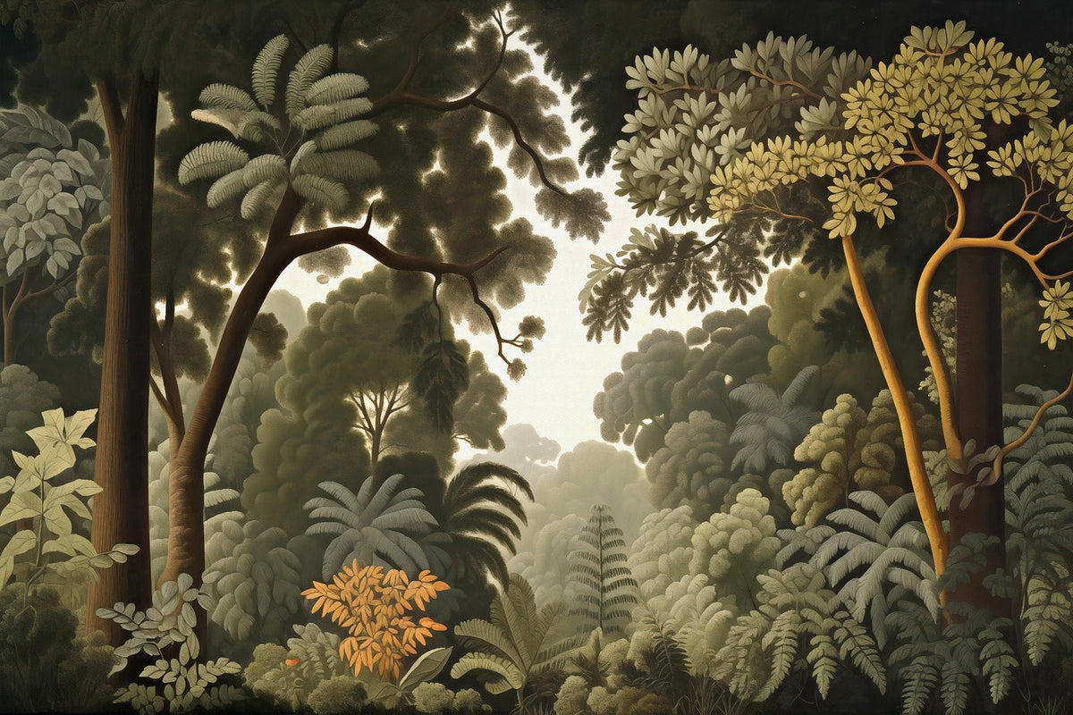 Woodcut Green Nature Botanical Wallpaper in your room — zoomed