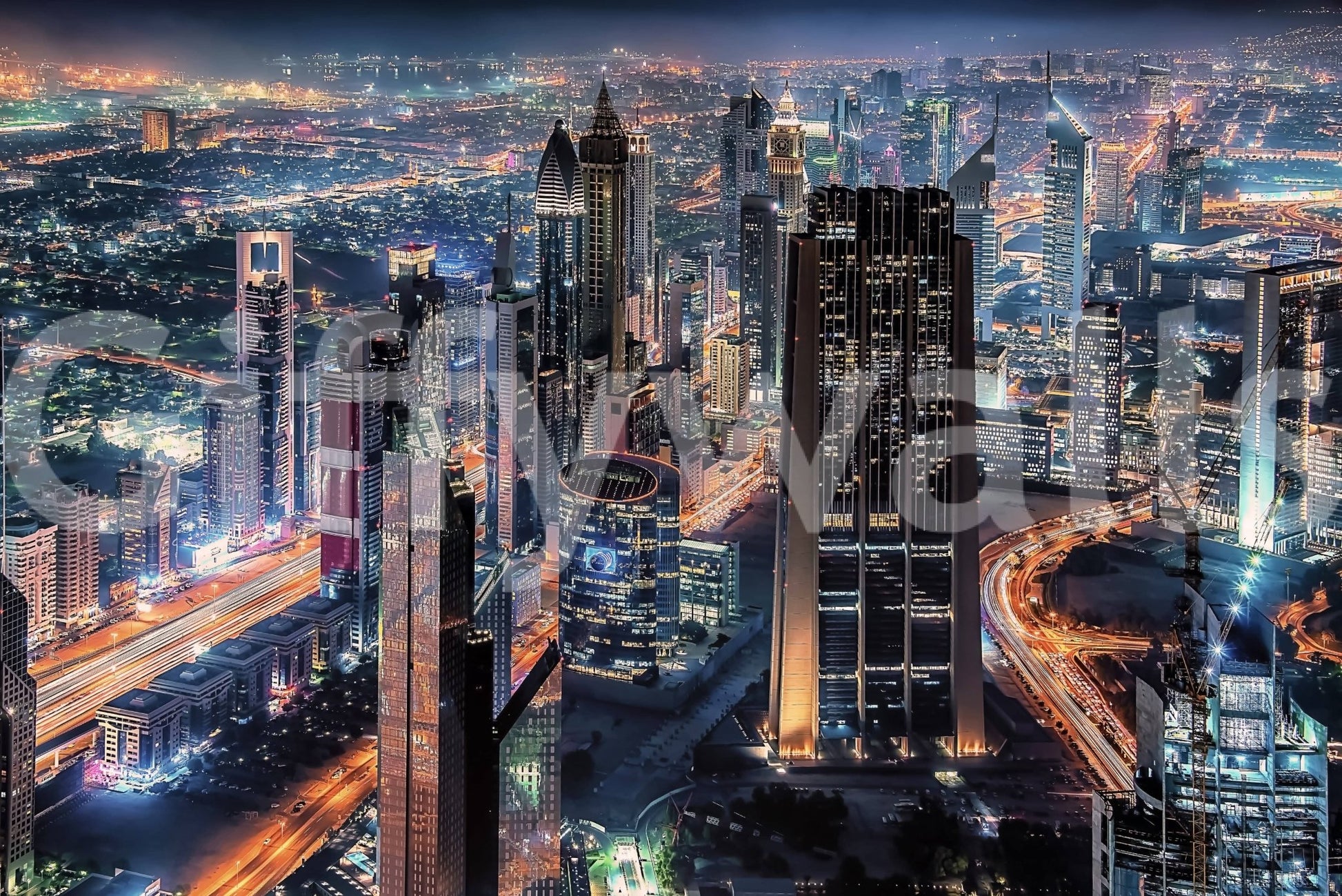 Dubai Nights wall mural showcasing a vibrant midnight sky.