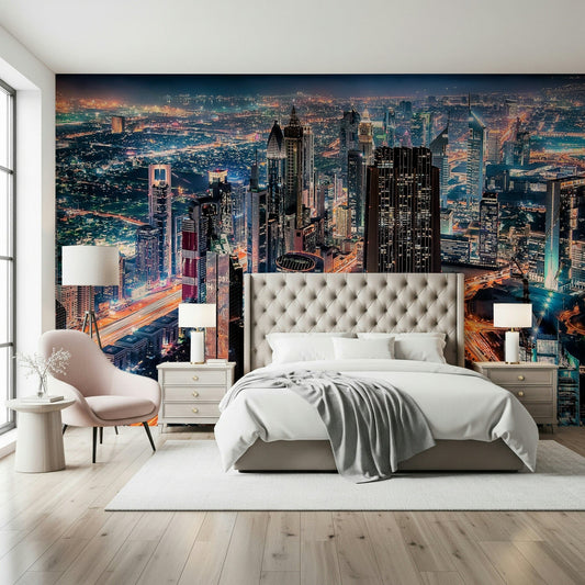Aerial view of skyscrapers in a Dubai Nights wall mural for offices.