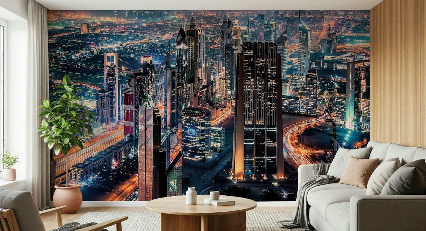 Modern city skyline Dubai Nights wall mural for a feature wall.