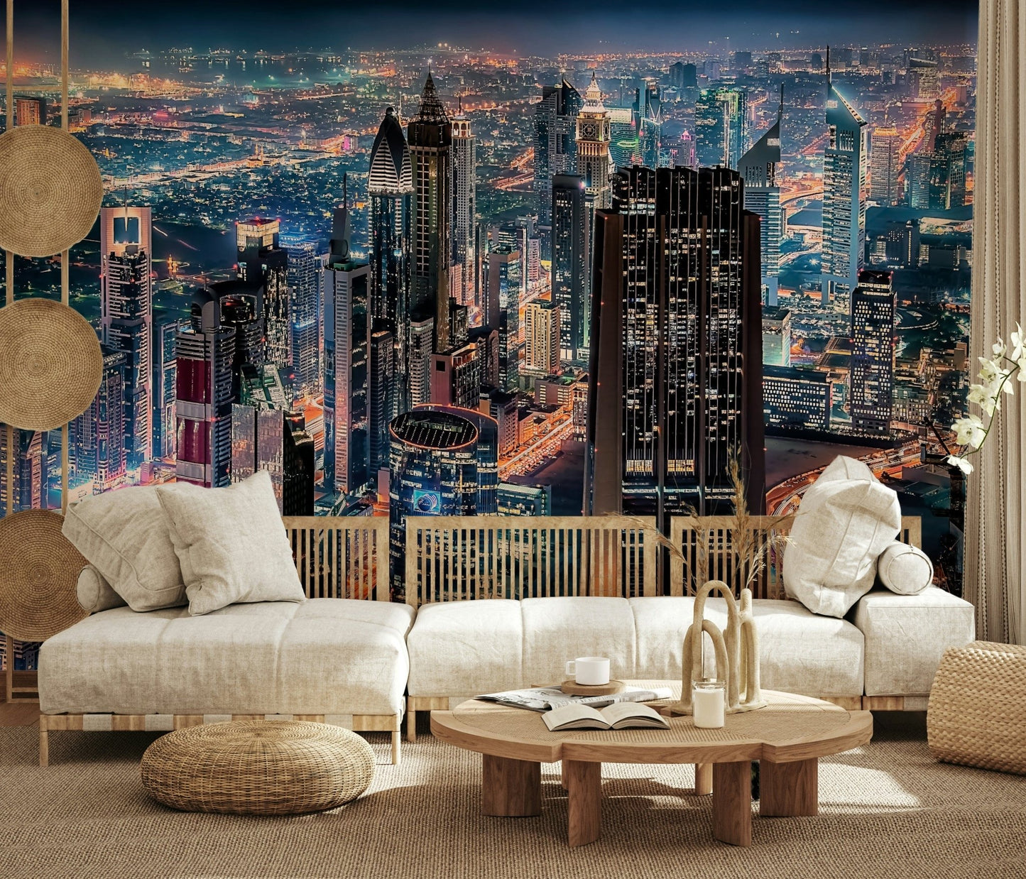 Panoramic urban architecture in a Dubai Nights wall mural for halls.