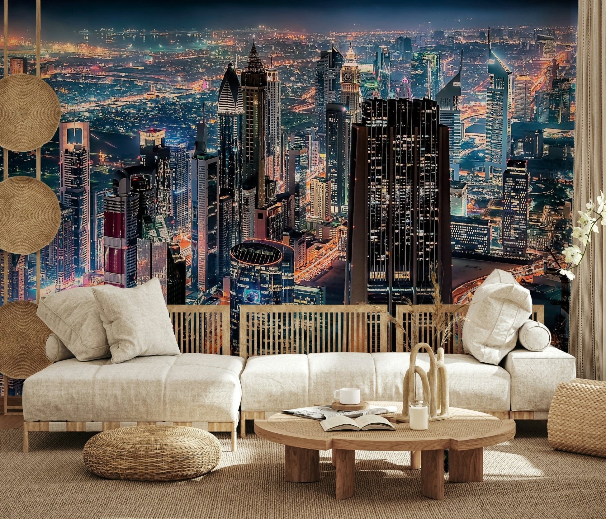 Panoramic urban architecture in a Dubai Nights wall mural for halls.