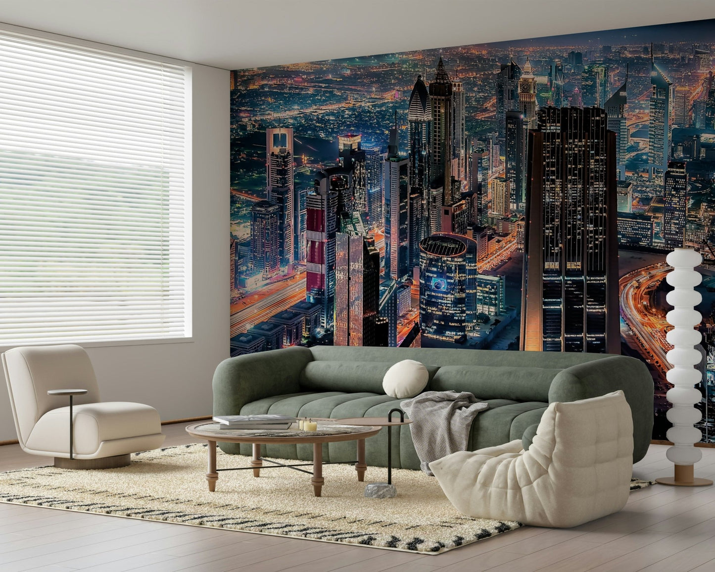 Dubai Nights wall mural for a modern urban living room.