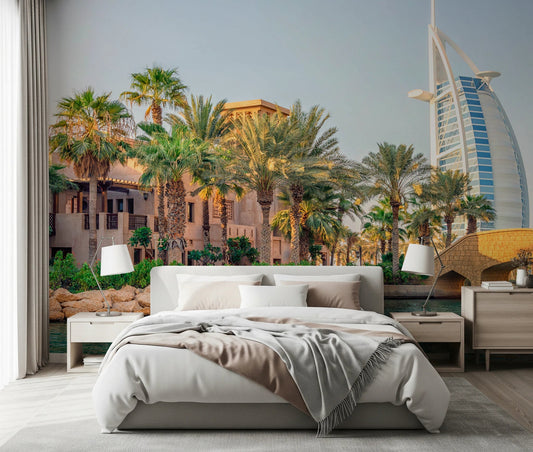 Soft bedroom setup styled with Dubai Oasis wall mural featuring palms and skyline